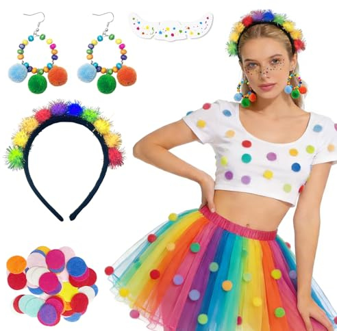 Kazunark 4-teilig Konfetti kostüm Damen, Karneval Regenbogen Accessoires mit Gesichtssticker, Haarreif Pompons Bunt, Ohrringe Fasching und Pompons zum Basteln für Fasching Mottoparty