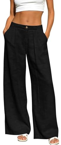 Pantaloni Donna Cotone E Lino Pants - con Tasca Taglio Dritto Pantalone a Gamba Larga con Elastico in Vita Freschi Comodi Pantaloni Estivi Tinta Unita Pant Solido Sciolto Vacanze Mare