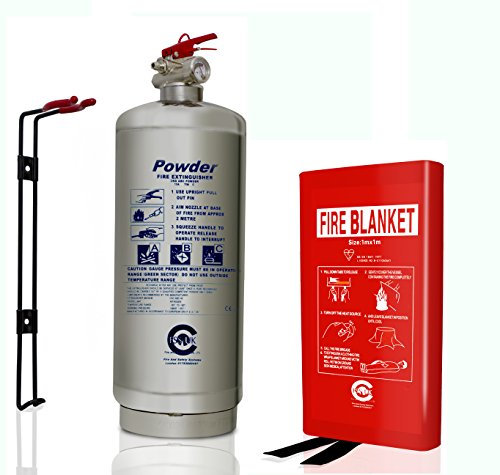 Chrome Silver Finish FSS UK Plus 2 KG ABC Dry Powder FIRE Extinguisher CE Marked with KITEMARKED FIRE Blanket. Ideal for Homes Kitchen Workplace Offices Boats Warehouses GARAGES Hotels Restaurants