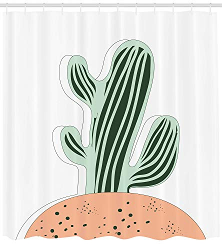 Lunarable Cactus Shower Curtain, Cartoon Saguaro Doodle Soil Plantation Garden Art Botanical, Cloth Fabric Bathroom Decor Set with Hooks, 105 Extra Wide, Peach Evergreen and Pale Sage Green