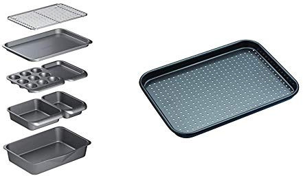 MasterClass Smart Space Stacking Non-Stick Bakeware Set, 7 Piece Baking Trays, Gift Boxed & KCMCCB54 Crusty Bake Perforated Baking Tray with PFOA Non Stick, Robust 1 mm Carbon Steel, 24 x 18 cm, Grey