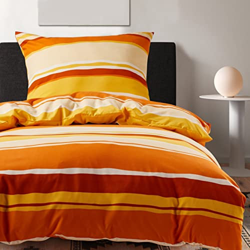 HENGWEI Bettwäsche 135x200cm 2teilig Set Oeko-TEX Zertifiziert, Extraweiches Bettwäsche-Sets für Einzelbett Hochwertiges Microfaser Bettbezug mit Kissenbezug 80x80cm, Gelbe Orange Streifen