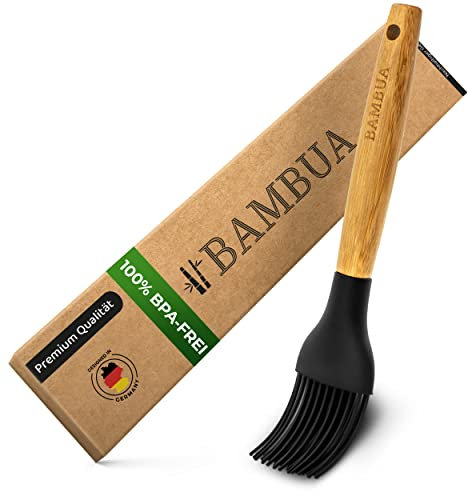 BAMBUA Backpinsel Silikon - [100% Plastikfrei] Silikonpinsel mit Bambus - Zum Backen und Grillen - Premium Küchen-Pinsel in Lebensmittelqualität - 100% BPA-Frei & Hitzebeständig bis 200° (20 cm)