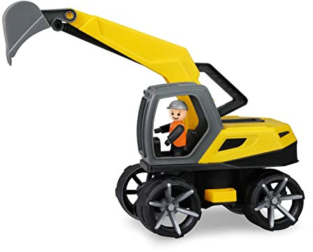 Lena 04531 - TRUXX² Bagger, Baustellenfahrzeug ca. 35 cm, robuster Schaufelbagger mit funktionstüchtiger Schaufel und vollbeweglicher Spielfigur, für Kinder ab 2 Jahre, Sandbagger gelb