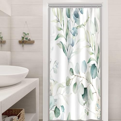 Uiiooazy Tenda Doccia Antimuffa, Tenda da Doccia Piccola 90x180cm Foglie Blu Verde Eucalipto Fiori Bianco Tende da Bagno Tessuto Lavabile Impermeabile Poliestere Tende per Vasca da Bagno con 6 Anelli
