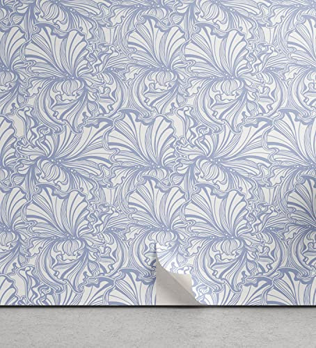 ABAKUHAUS Art Nouveau Peel & Stick Wallpaper for Home, Vintage Pastel Toned Iris Blooms Flourishing Beauty Mother Earth Theme, Self-Adhesive Living Room Kitchen Accent, 33 cm x 90 cm, Pale Blue White