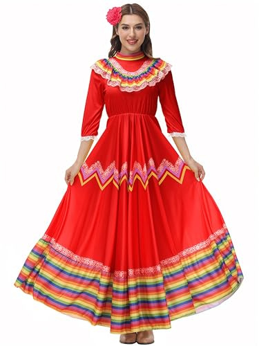 DENCTORAM Mexican Traditional Dress Folklorico Dance Dresses Cinco De Mayo Costumes Senorita Dress for Women