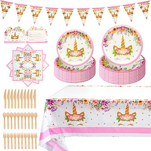 OSDUE Vajilla de Fiesta, 91 Piezas unicornio Juego de Vajilla para Fiesta, Vajilla de Fiesta para Niños Platos y Servilletas,Decoración para Tartas, Bandera, para Compromiso,Boda Aniversario