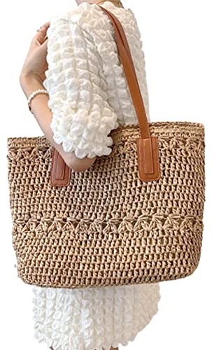 Jorzer Sac de plage de paille Femmes Sac de paille Sac de vacances d'été Sac fourre-tout de grande capacité Sac épaule tissé pour les vacances d'été Essentials Khaki