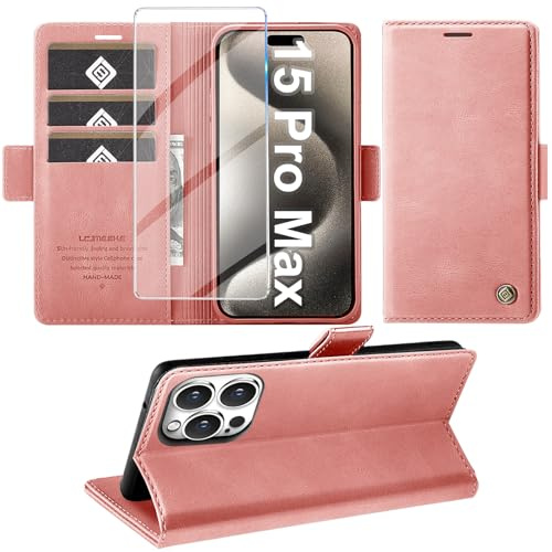 Giyer Handyhülle für iPhone 15 Pro Max Hülle mit Schutzfolie, Standfunktion Kartenfach Wallet Premium Leder Schutzhülle für iPhone 15 Pro Max 5G 2023 Flip Case Cover Tache Stoßfeste Klapphülle (Rosa)