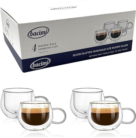 Bacimi® Double Wall Insulated Espresso Coffee Cups 3.5oz Clear Borosilicate Cup with Handle - Thermal Drinking Cups for Espresso, Cappuccino, Latte, Tea, Hot Beverage, Wine - Microwave Safe Set of 4