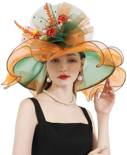 ELLYDOOR Damenhut Derby, Kirchenhut, Organza-Blume, Hochzeit, Teeparty, Fascinator, Hut mit breiter Krempe, 03 Orange / Grün, Einheitsgröße