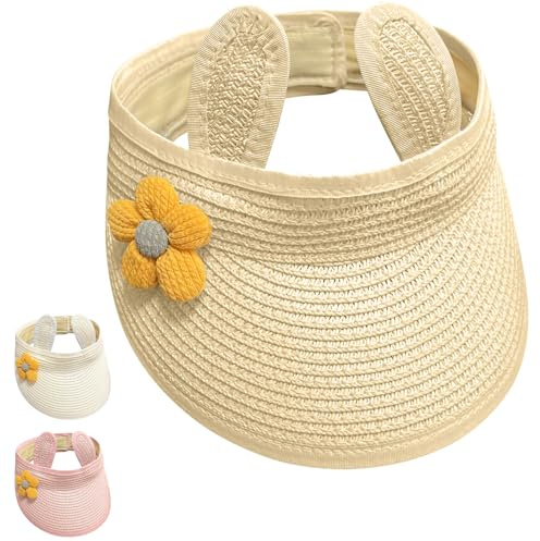 Yaopelky Baby flickor rulla upp halm barnhatt söt blomma öppen visir hatt sommar strand solskydd justerbar keps för 6M-2Y, Beige, 6-2 años