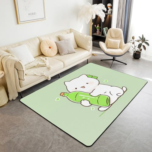 Kawaii Chat Blanc Tapis Salon Fille Dessin Animé Chat Tapis Mignon Chaton Tapis pour Enfants Intérieur et Extérieur Adolescent Vert Amour Modèle Bouteille Lavable Décor Tapis D'Appoint 100x150,Vert