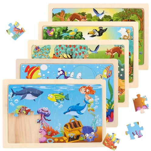 5x24 Teilen Holzpuzzle Kinder, Puzzle ab 3 4 5 6 Jahre, Bauernhof Meeresboden-Tiere Steckpuzzle Holz, Kinderspielzeug ab 3 Jahre für Kinder für Jungen und Mädchen