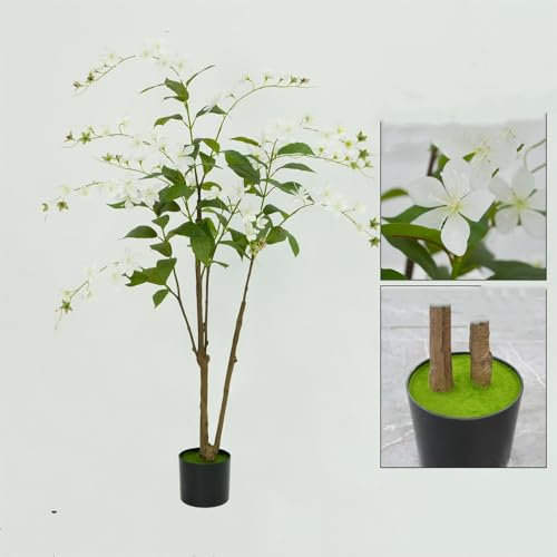 Hapihom Arbre artificiel de 150 cm, jasmin pleurant artificiel avec fleurs et feuilles en fleurs, arbres à fleurs artificiels pour bricolage, jardin, maison, fête de mariage, 150 cm, blanc