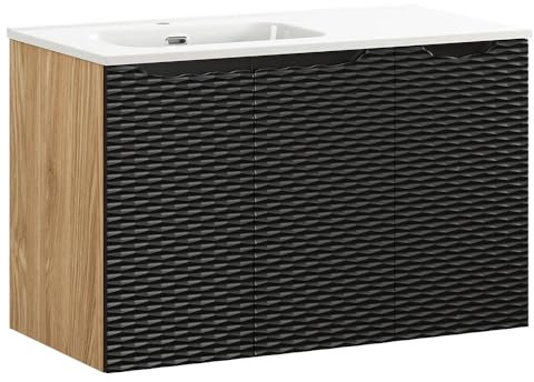 Lomadox Badezimmer Waschtisch 90cm in Eiche mit schwarz, Front mit 3D-Struktur in Wellenoptik, 3 Türen