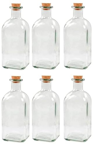 Acan Tradineur - Pack de 6 Botellas de Vidrio, frascas con tapón de Corcho, Reutilizables, rellenables, licores, Aceite, Agua, Vino, Whisky, Bodas - 530 ml