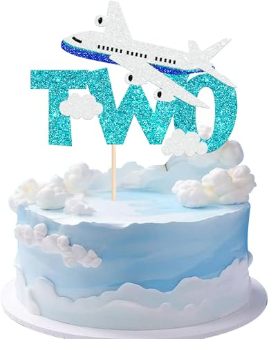 1 Piece Aeroplane Two Cake Topper Glitter Aeroplane Sign Cake Decoration Like Time Files Cake Decoration for Aeroplane Theme Children Second Birthday Party Cake Decoration Blue White