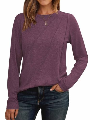 Cuptacc Camiseta Manga Larga Mujer Jersey Mujer Cuello Redondo 2025 Moda Blusa Monocolor Tops Plisados Camisa Elegante Rojo Vino L