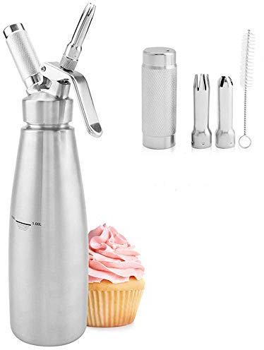 Premium 1L Stainless Steel Whipped Cream Dispenser Kit with 3 Decorating Nozzles