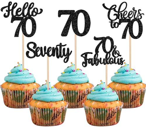 Xsstarmi 30 Pack Happy 70th Birthday Cupcake Toppers Black Glitter Hello 70 Fabulous Seventy Birthday Cupcake Picks Cheers to 70 Years Cake Decorations for Happy 70th Birthday Party Supplies