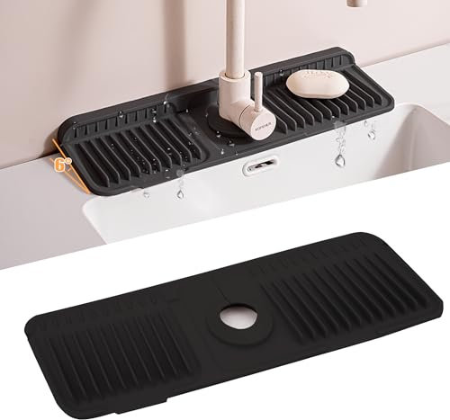 Volminex 6° Slope Kitchen Sink Splash Guard Mat, Silicone Faucet Mat Foldable, Faucet Handle Drip Catcher Tray, Draining Pad Around Tap for Kitchen Bathroom (Black, 45 x 14 cm)