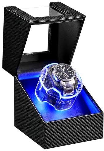 ANWBROAD Watch Winder for Automatic Watches, 4 Modes Single Automatic Watch Winder box with LED Crystal Design, Rotating Watch Case with Super Quiet Motor with Type-C Adapter,UJWW006C