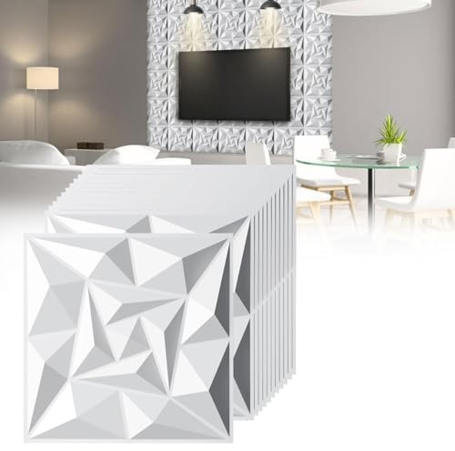Jopassy Lot de 12 panneaux muraux 3D diamantés - 30 x 30 cm (1,08 m²) - Panneaux muraux 3D - Pour chambre de jeu - Panneaux décoratifs muraux en PVC imperméable - Blanc mat