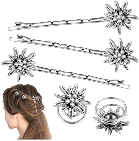 OHREN 5 Stück Traditionelles Strass Edelweiß Haarschmuck Elegante Trachtenschmuck Damen Wellenform Haarspange Federklemmen für Bayerisch Bierfest Dirndlschmuck Trachten Dirndl Accessoires (Silber)