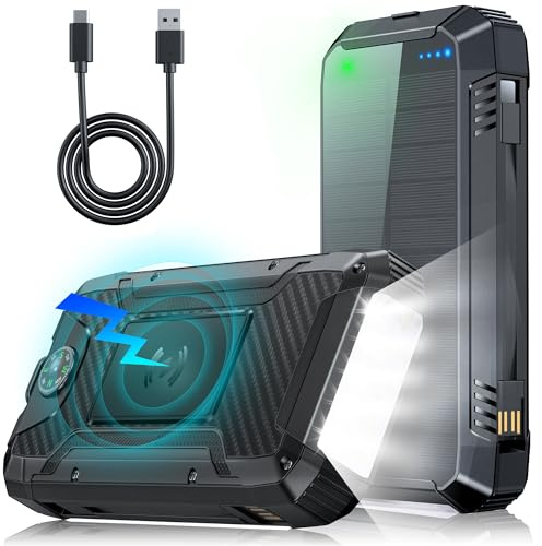 Power Bank Solare 49800mAh con 2 Cavi: Caricabatterie Wireless Solare Portatile Power Bank USB C PD 30W Ricarica Rapida 3 Uscite & 2 Ingressi, Batteria Esterna con Indicatore LED & Torcia (Nero)