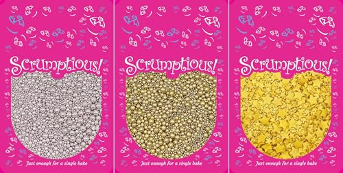 Scrumptious! - Bundle - Metallics Edible Cake Topper Sprinkles Cupcake Decorations - 1x30g Pearls Mix - High Shine Gold, 1x30g Pearls Mix - High Shine Silver, 1x25g Gold Stars Mix