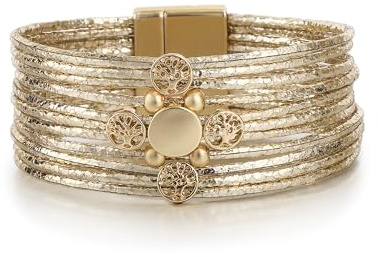 Edoneery Mothers Day Gifts for Mom Leather Wrap Bracelet for Women, Boho Handmade Multi-Layer Cuff with Crystal Beads Heart, Stackable Bangle Western Jewelry Gift(Circle(Gold))