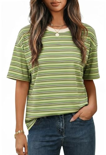 Cuptacc Maglietta Donna Righe Scollo Rotondo Loose Manica Corta Top Taglie Forti Leggero E Morbido Elegante Strisce Colorate Tunica Verde Viola M