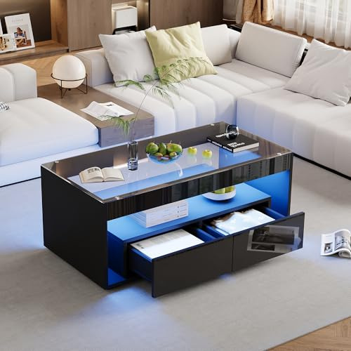 Merax Table Basse LED,Table Basse Noire Brillante,Table de Salon Design Moderne avec 16 Couleurs,100×50×40 cm, Double Plateau en Verre trempé, 2 tiroirs spacieux