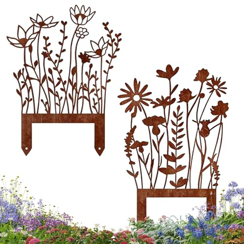 Décoration Jardin,2 Pièces Piquet de Jardin,Piquets Décoratifs en Fer,Piquets de Jardin en Métal Rouillé,Fleur Décorative Métallique Fleurs,Décoration de Jardin,pour Terrasse,Balcon,Exterieur