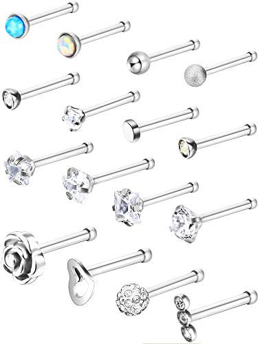 JOVITEC 16 Stück Edelstahl Nase Stud Set Stahl Nasenring Rose Ball Labret Körper Piercing Schmuck, 20 G (Knochen Stud)