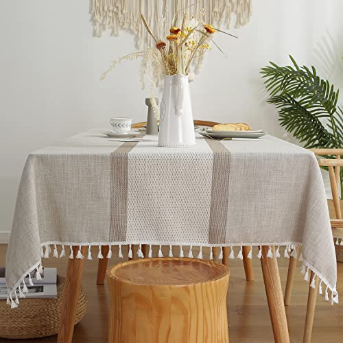 Pahajim Tischdecke Abwaschbar Baumwolle Leinen Tischdecken Quadratisch mit Quasten Tischtuch Moderne Einfache Gestreift für Home Küche Speisetisch Dekoration(Braun, 140 x 140 cm)