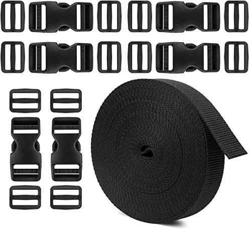 Spännesremmar set, sadelgjord 1 tum 11 meter, 6-pack justerbara sidospännen med 12-pack Tri-Glide-glider, remmar med spännen för ryggsäck reparation av spänne remtillbehör, svart, medium