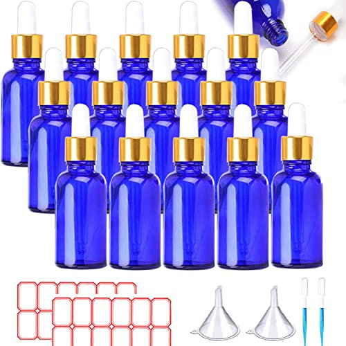 ToKinCen 16 Stück Pipettenflasche 30ML Blauglasflasche Pipette Bottles Glass Apothekerglas Tropfflasche with Dropper Pipette for Essential Oils, Perfume Oils, Liquid Dyes Aromatherapy Blends