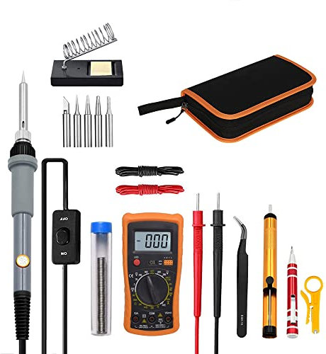Lötkolben Set, Grau Ockered Lötkolben 19 in 1 Lötset 60W Lötstation mit Temperatur Einstellbar 220-450°C, 5 Lötspitzen, EIN/AUS-Schalter für Elektrotechnik Reparaturen(EU-Stecker)