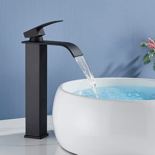 Waterfall Black Higher Basin Wash Basin Bathroom Cabinet Faucet Bathroom Nordic Black Paint Single Hole Faucet (Black-High)