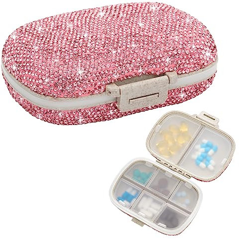 Soleebee Diamant Pillendose mit 8 Fächern, Bling Kleine Tablettenbox 7 Tage Mini Tablettendose Tragbare Pillenbox Tabletten Medizin Vitamin Organizer für Outdoor Sport Camping Reisen (Rosa)