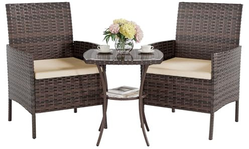 UDPATIO Gartenmöbel Set 3-Teilige Lounge Balkonmöbel Set mit Gartentisch und 2 Stühlen für Kleiner Balkon Terrasse Draußen, Polyrattan Terrassenmöbel 2 Personen (Braun, Set 3-Teilige)