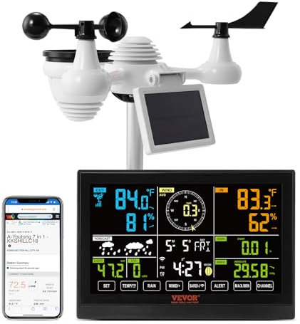 VEVOR Station Météo Wifi 7 en 1 Station Météo Sans Fil Intérieur Extérieur Solaire Grand Écran Couleur 7,5 po Station Météo Numérique Capteur pour Température Humidité Vitesse Direction de Vent Pluie