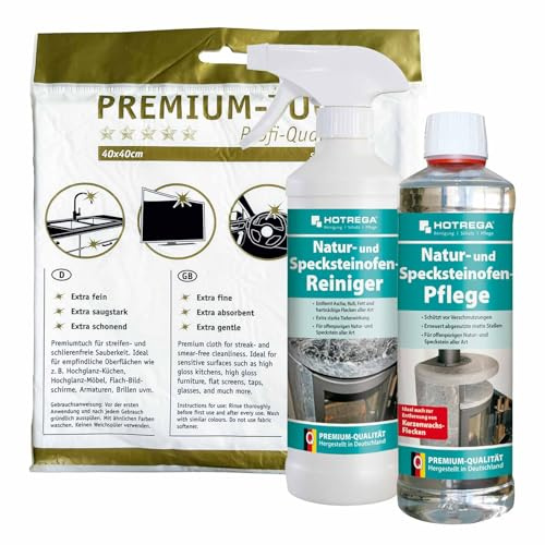 HOTREGA Specksteinofen Reiniger & Pflege Set | 2x 500 ml Steinreinigung | Schutz vor Ruß & Fett | Farbauffrischung für Kamin, Naturstein & Tischplatte | Inklusive Microfasertuch | Made in Germany