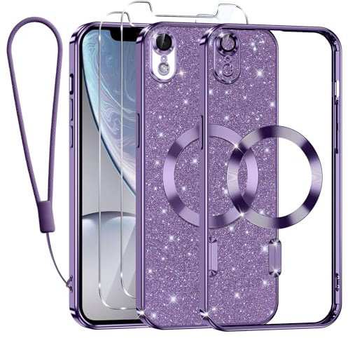 Kokio Handykette für iPhone XR Hülle mit Band, [Kompatibel mit MagSafe] Glitzer Magnetisch Handyhülle für iPhone XR mit 2 Stück Schutzfolie Stoßfeste Silikon TPU Schutzhülle, Lila