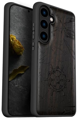 Carveit Hülle für Galaxy S24 handyhülle aus Holz Cover, Stoßstange Stoßfeste Weich TPU Case, Handyhulle Kompatibel mit Samsung S24 Hulle（Dunklesholz-Vintage Holzrad）