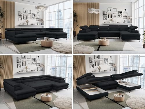 MKS MEBLE Sofa U-Form, Wohnlandschaft U-Form, Sofa mit Schlaffunktion und Bettkasten, Schlafsofa mit Bettkasten, Couch mit Verstellbare Kopfstützen - Peter U - Schwarz Velvet (ohne Topper)