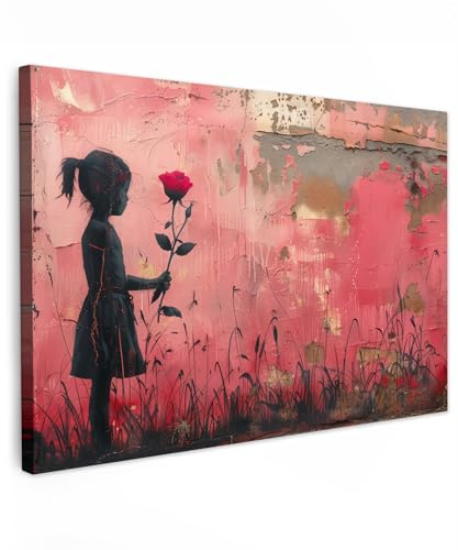 MuchoWow© Impression sur Toile Decoration Murale Peinture Tableaux | 120x80 cm - Decoratifs Muraux Déco Chambre Tableau Salon Graffiti - Fille - Rose - Street art - Fleurs - Banksy